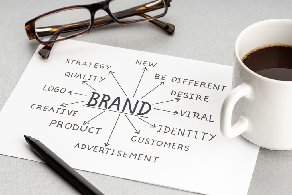 alt= "papel con bases sobre el branding, un café, gafas y boli alrededor"